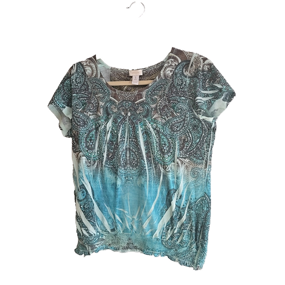 Chico's Blue Paisley Embellished USA Grunge Short Sleeve Top Womans‎ Size md0